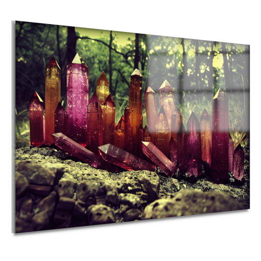 Paarse kristallen op rots acrylglas