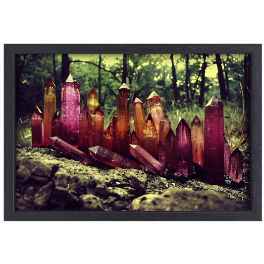 Paarse kristallen op rots canvas met baklijst