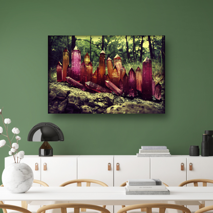 Paarse kristallen op rots canvas met baklijst