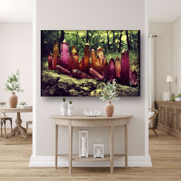 Paarse kristallen op rots canvas