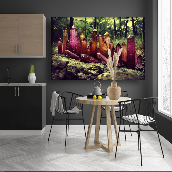 Paarse kristallen op rots canvas met baklijst