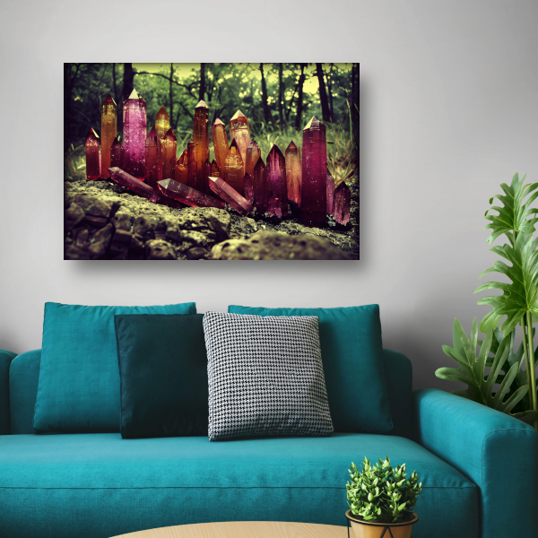 Paarse kristallen op rots canvas met baklijst