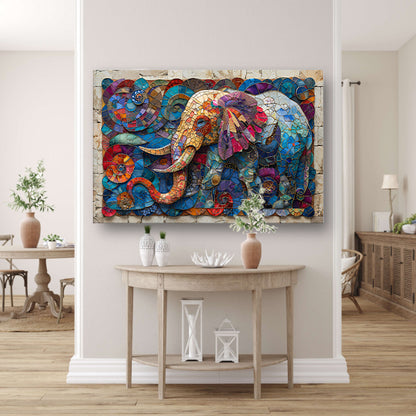 Kleurrijk Mozaïek van een Olifant met Bloemen canvas met baklijst