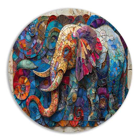Kleurrijk Mozaïek van een Olifant met Bloemen aluminium muurcirkel