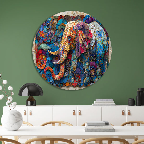 Kleurrijk Mozaïek van een Olifant met Bloemen aluminium muurcirkel