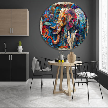 Kleurrijk Mozaïek van een Olifant met Bloemen aluminium muurcirkel