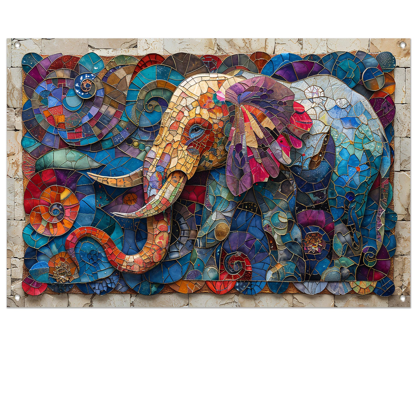 Kleurrijk Mozaïek van een Olifant met Bloemen tuinposter