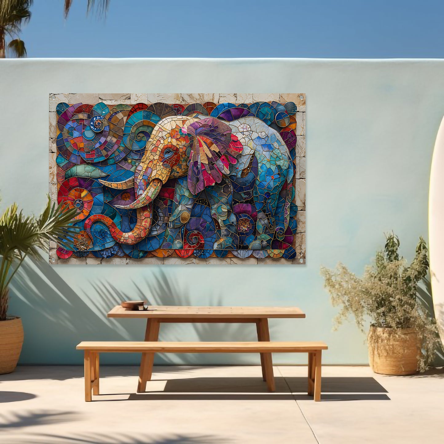 Kleurrijk Mozaïek van een Olifant met Bloemen tuinposter