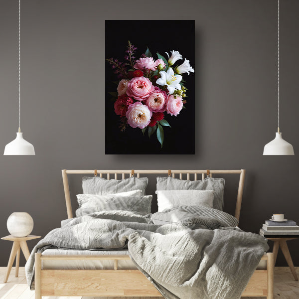 Gevarieerd bloemenboeket tegen donkere achtergrond canvas