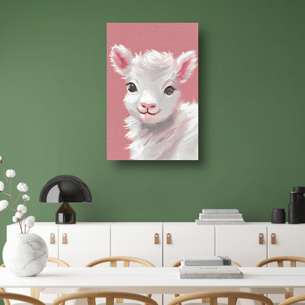 Schattig lammetje met roze achtergrond schilderij poster