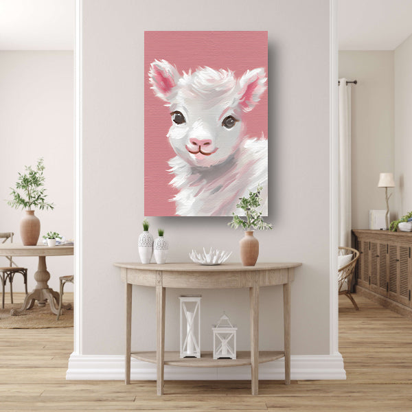 Schattig lammetje met roze achtergrond schilderij poster