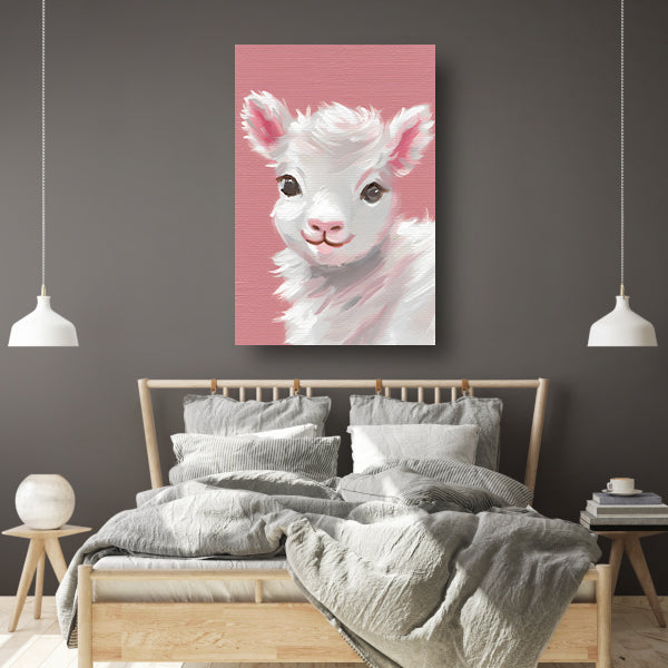 Schattig lammetje met roze achtergrond schilderij poster