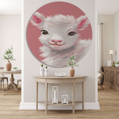 Schattig lammetje met roze achtergrond schilderij aluminium muurcirkel