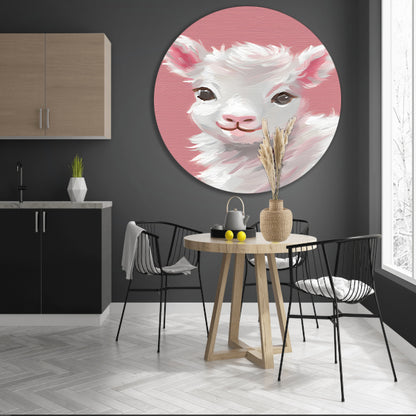 Schattig lammetje met roze achtergrond schilderij aluminium muurcirkel