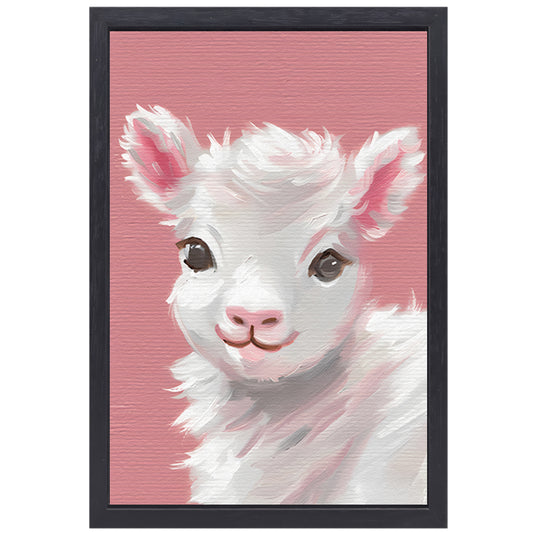 Schattig lammetje met roze achtergrond schilderij canvas met baklijst
