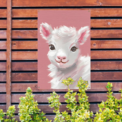 Schattig lammetje met roze achtergrond schilderij tuinposter