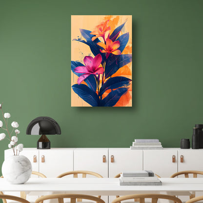 Modern Kunst: Exotische Bloemen in Blauw en Oranje poster