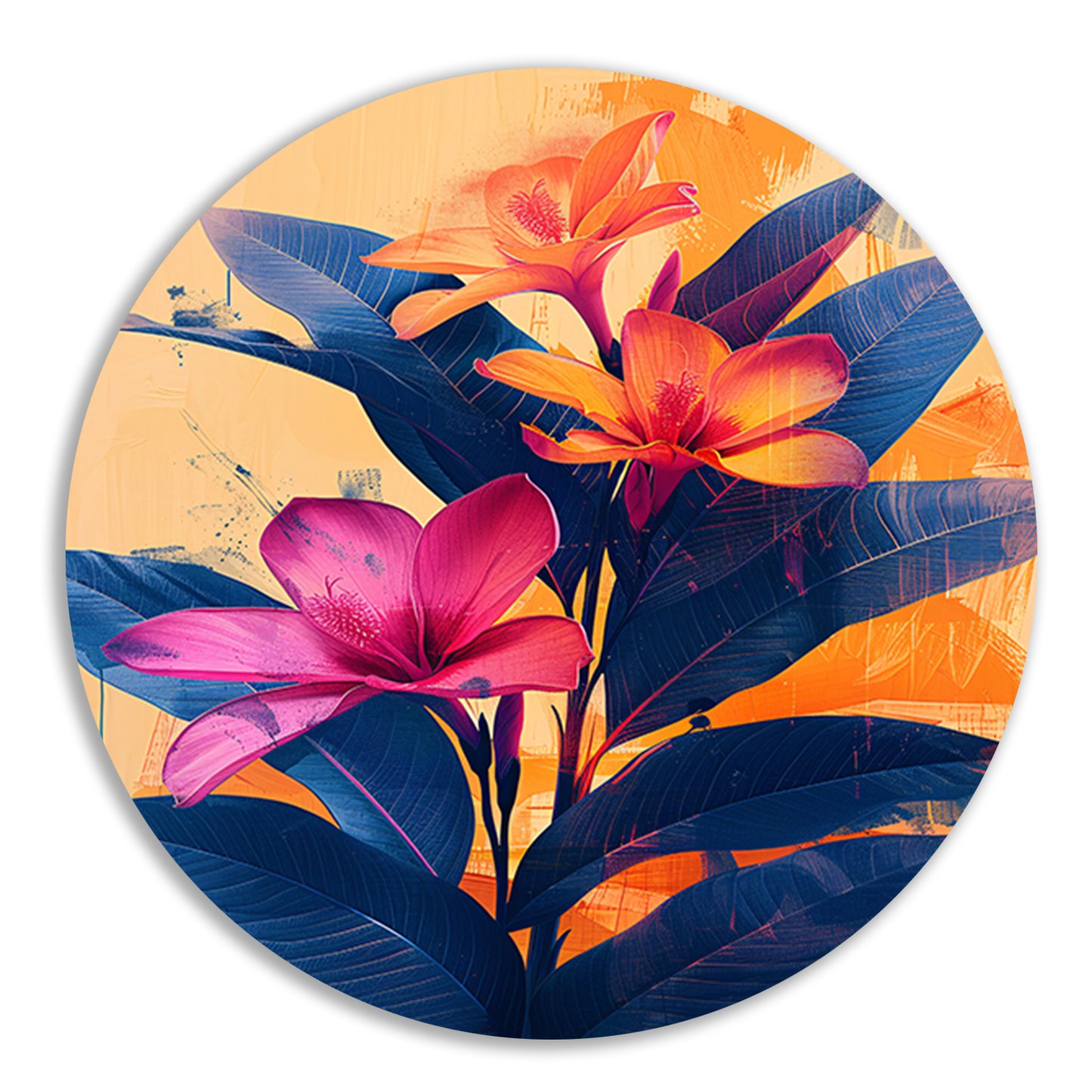 Modern Kunst: Exotische Bloemen in Blauw en Oranje aluminium muurcirkel