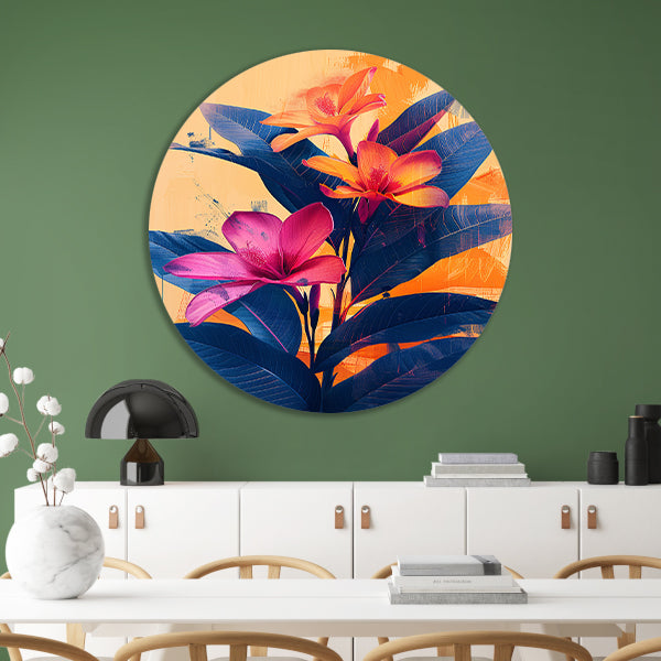 Modern Kunst: Exotische Bloemen in Blauw en Oranje aluminium muurcirkel