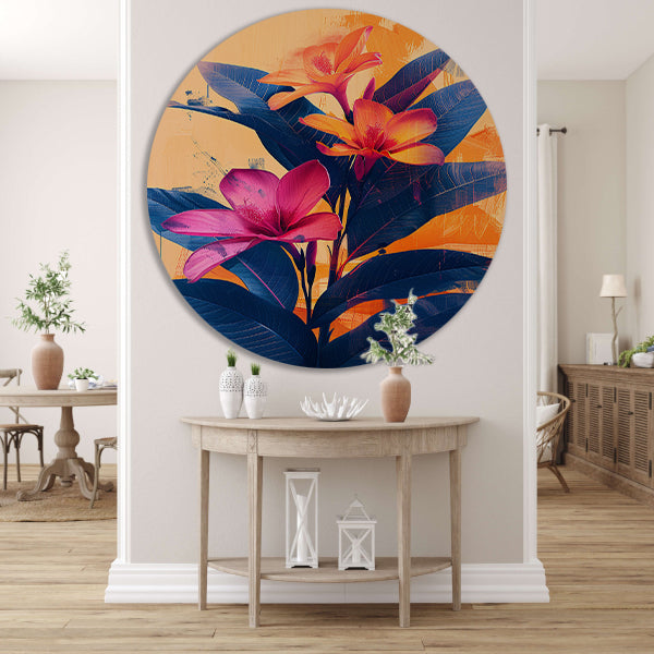 Modern Kunst: Exotische Bloemen in Blauw en Oranje aluminium muurcirkel