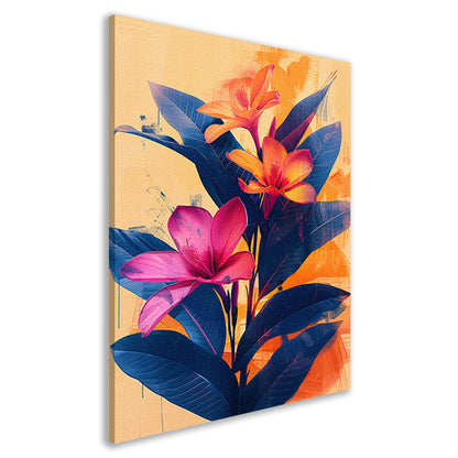 Modern Kunst: Exotische Bloemen in Blauw en Oranje canvas