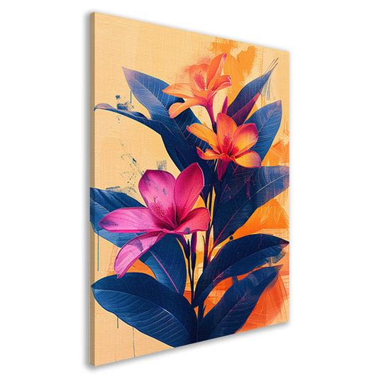 Modern Kunst: Exotische Bloemen in Blauw en Oranje canvas