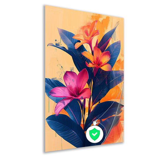 Modern Kunst: Exotische Bloemen in Blauw en Oranje poster