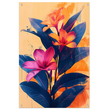 Modern Kunst: Exotische Bloemen in Blauw en Oranje tuinposter