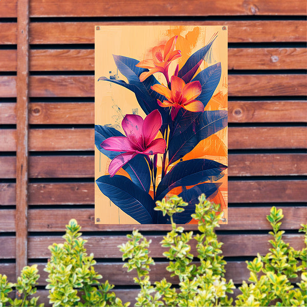 Modern Kunst: Exotische Bloemen in Blauw en Oranje tuinposter