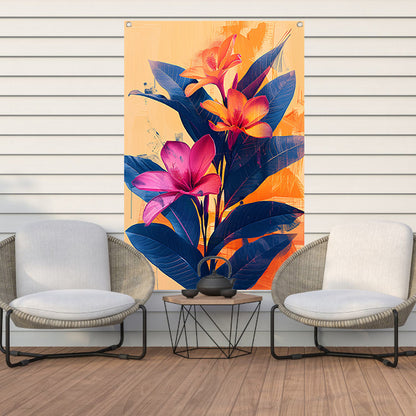 Modern Kunst: Exotische Bloemen in Blauw en Oranje tuinposter