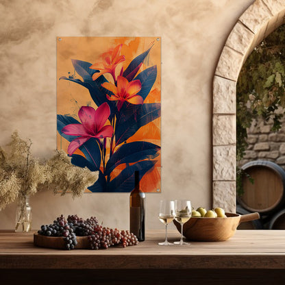 Modern Kunst: Exotische Bloemen in Blauw en Oranje tuinposter