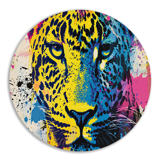 Kleurrijke popart schilderij van een luipaard aluminium muurcirkel
