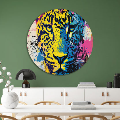 Kleurrijke popart schilderij van een luipaard aluminium muurcirkel
