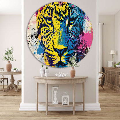 Kleurrijke popart schilderij van een luipaard aluminium muurcirkel