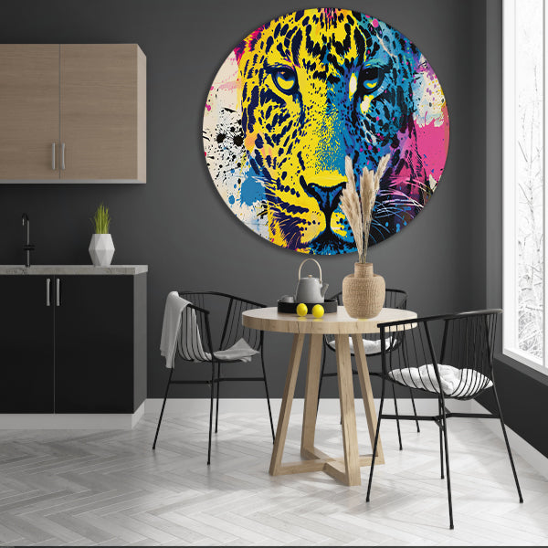 Kleurrijke popart schilderij van een luipaard aluminium muurcirkel