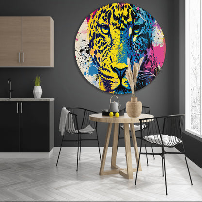 Kleurrijke popart schilderij van een luipaard aluminium muurcirkel
