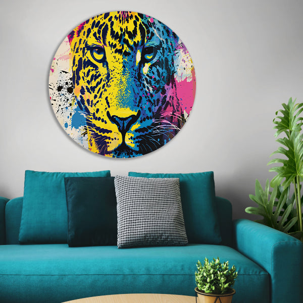 Kleurrijke popart schilderij van een luipaard aluminium muurcirkel