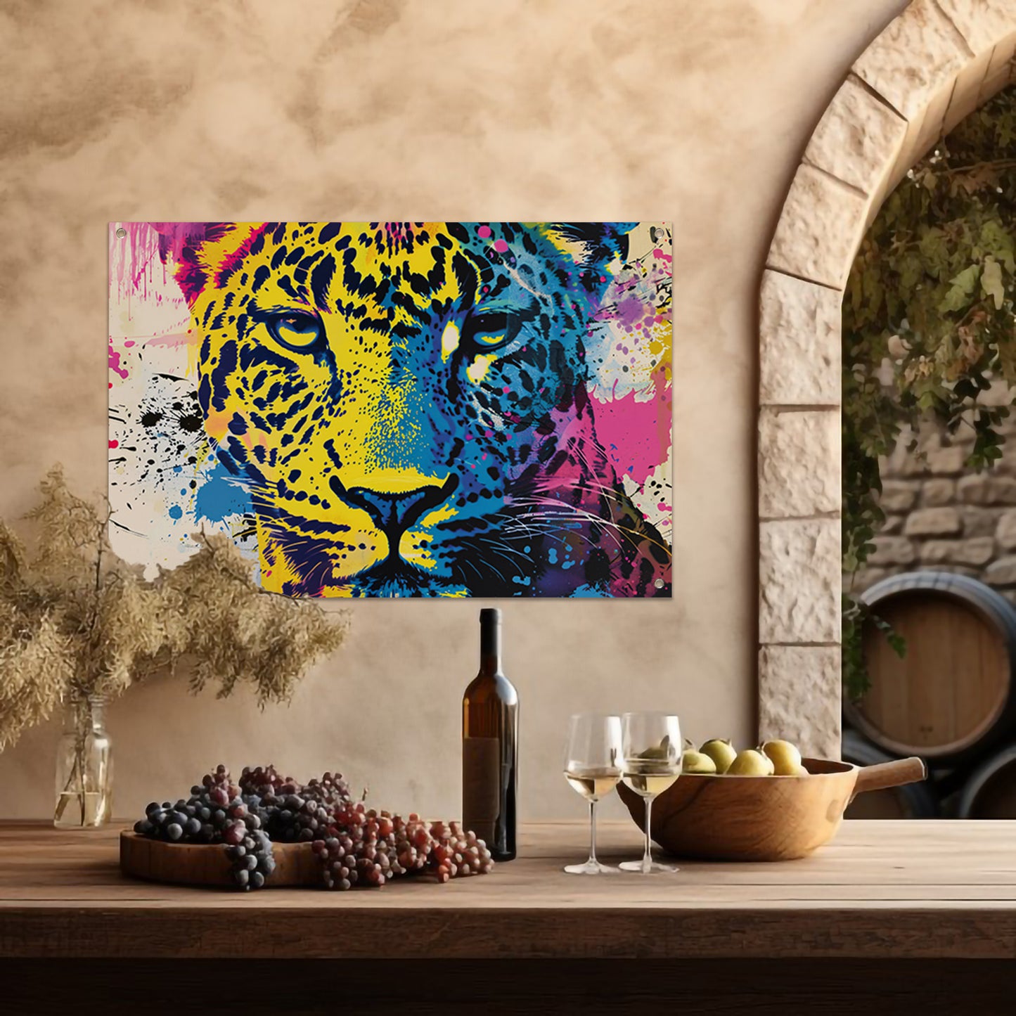 Kleurrijke popart schilderij van een luipaard tuinposter