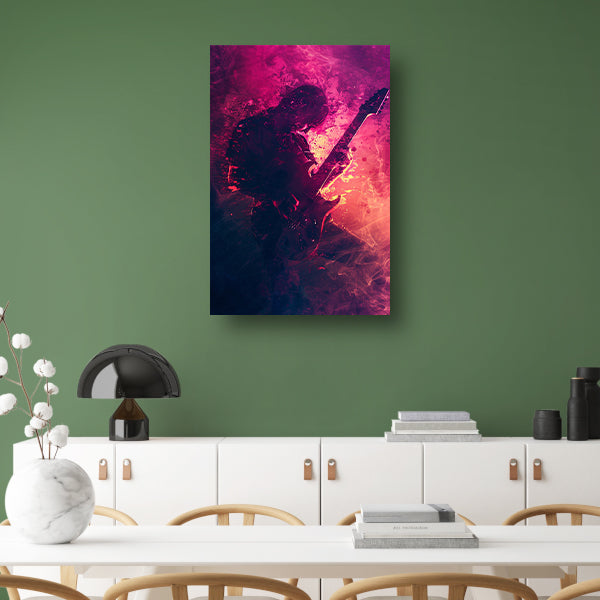 Gitarist omhuld door Abstract Kleurrijk rook canvas met baklijst