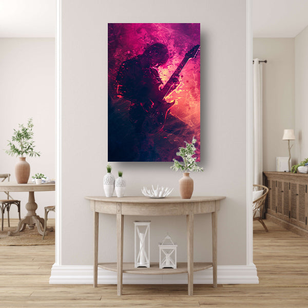 Gitarist omhuld door Abstract Kleurrijk rook canvas met baklijst
