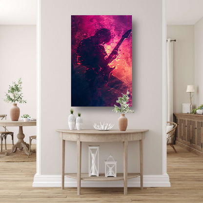 Gitarist omhuld door Abstract Kleurrijk rook canvas met baklijst
