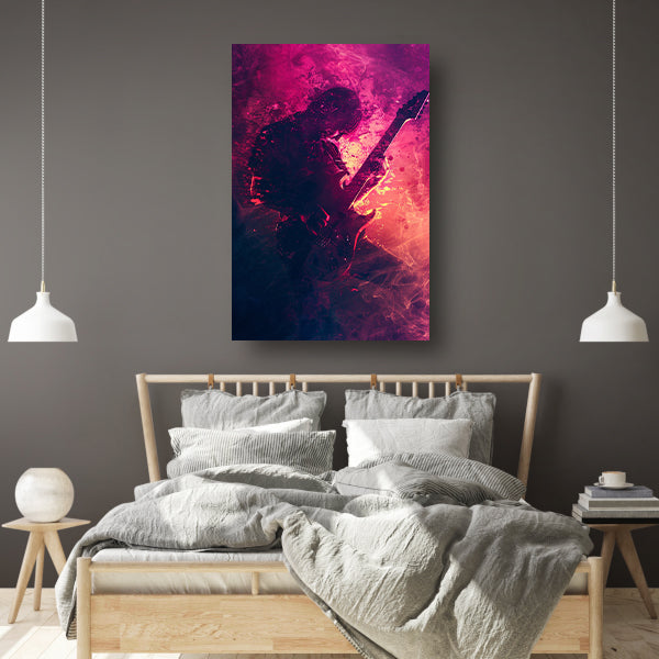 Gitarist omhuld door Abstract Kleurrijk rook canvas met baklijst