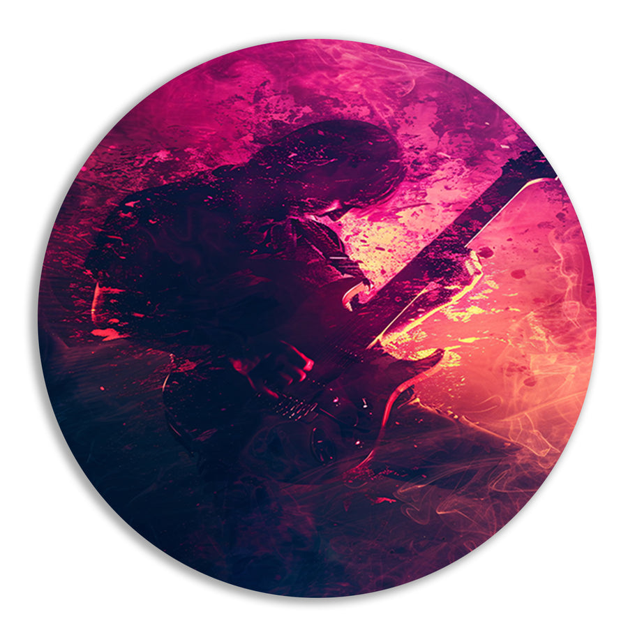 Gitarist omhuld door Abstract Kleurrijk rook forex muurcirkel