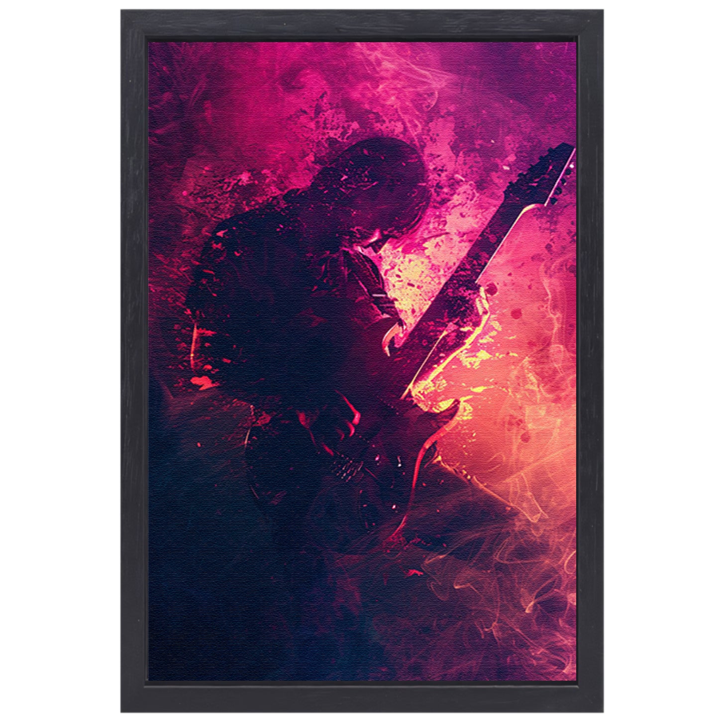 Gitarist omhuld door Abstract Kleurrijk rook canvas met baklijst