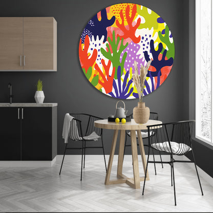 Kleurrijk abstract koraal kunstwerk aluminium muurcirkel