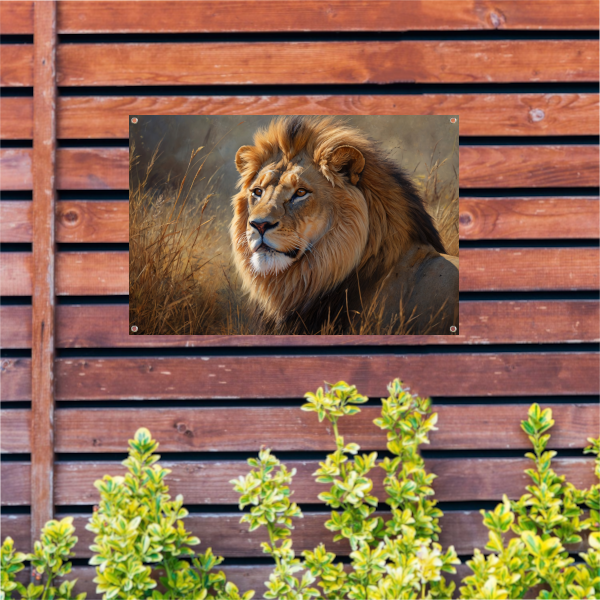 Realistische leeuw in savanne landschap tuinposter