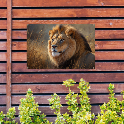 Realistische leeuw in savanne landschap tuinposter
