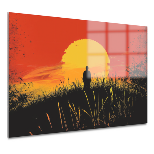 Persoon Contempleert Zonsondergang in Vurig Landschap acrylglas