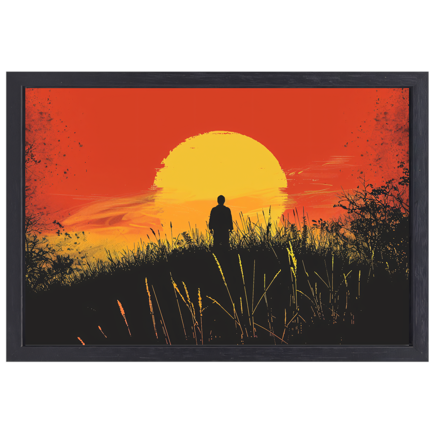 Persoon Contempleert Zonsondergang in Vurig Landschap canvas met baklijst
