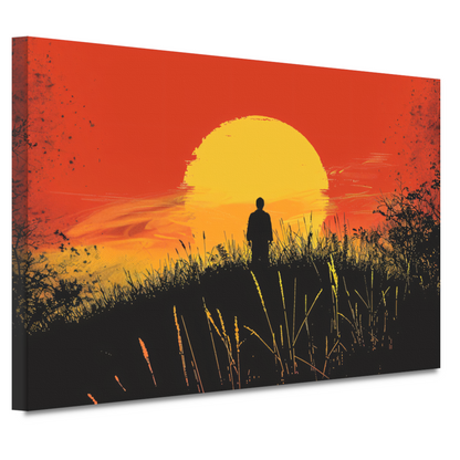 Persoon Contempleert Zonsondergang in Vurig Landschap canvas